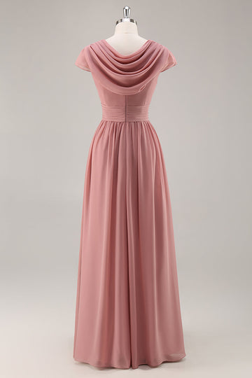 Dusty Rose V-Neck Ruched Chiffon Long Bridesmaid Dress